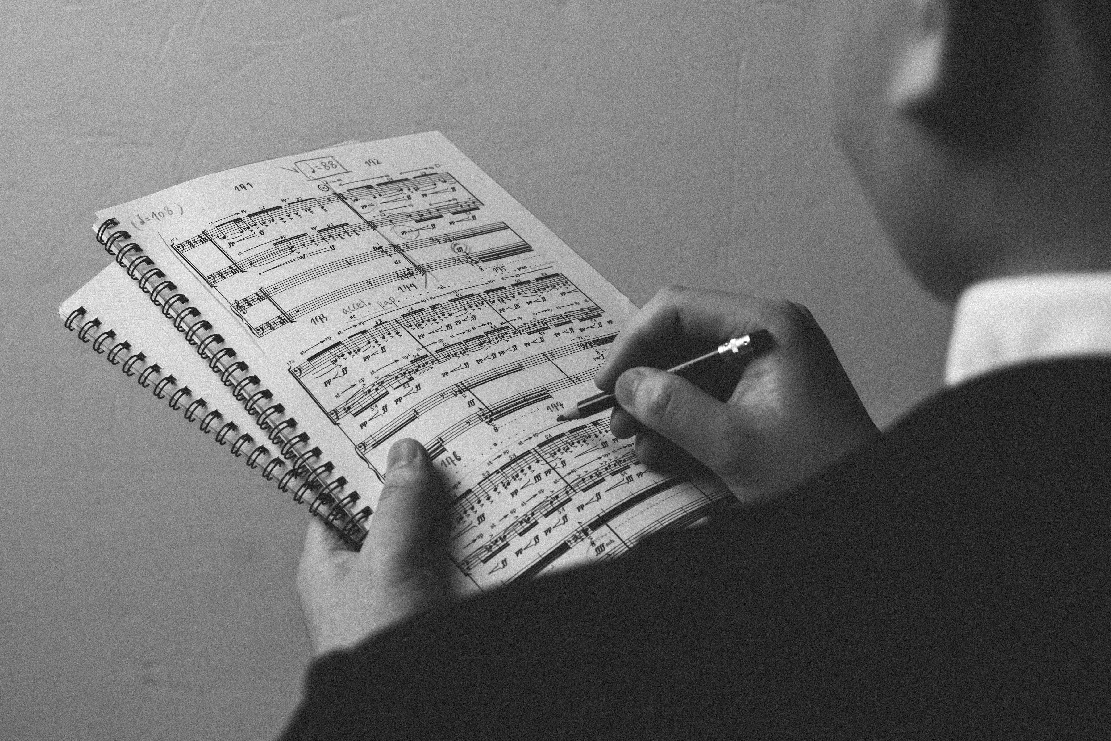 Marked orchestral score and pencil